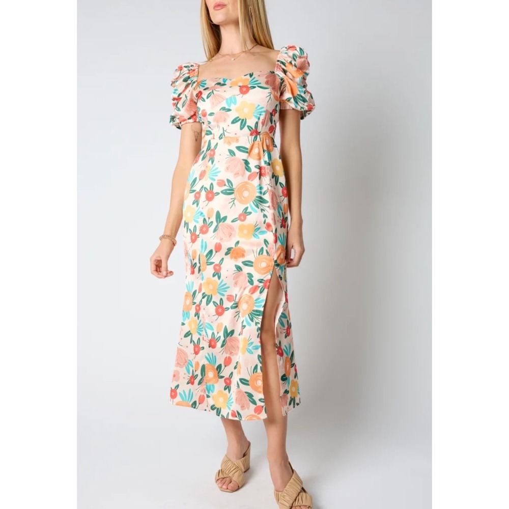 Vestique Spring Melody Floral Coquette Girl Midi Dress Orange Puff Sleeve Size S